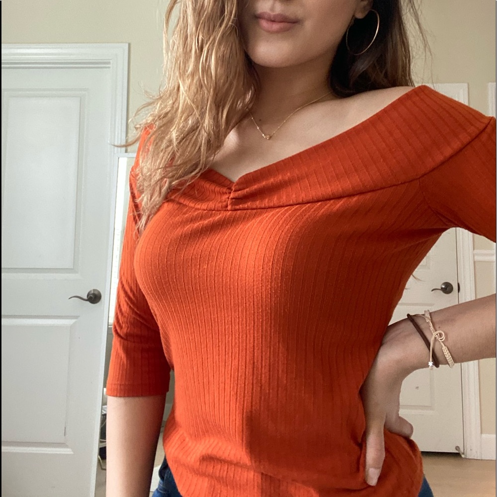 ORANGE BOAT CUT QUARTER SLEEVE TOP